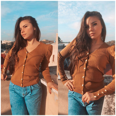 Cardigan Lumina con Bottoni Gold Camel